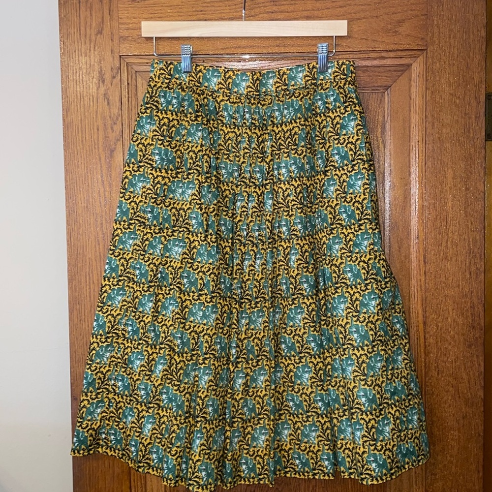 JCrew Ratti-print elephant-print midi skirt; 100% cotton; Sz 6; grey/green;g7432